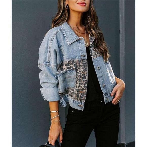 Cheetah Printed Light Wash Denim Jean Jacket Cropped Denim Trucker Jacket - Picture 2 of 7